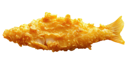 Golden crispy fried fish served on a white surface with tempting texture