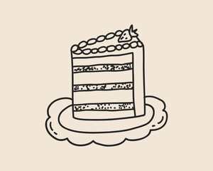 Line art piece of cake. Hand drawn doodle sketch birthday wedding cake. Coquette whimsical food dessert bakery. Vector outline illustration