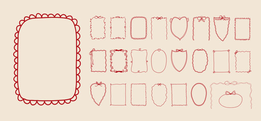 Set of doodle border ribbon bow frame design. Vintage line art corner sketch. Hand drawn coquette trendy cute wedding, menu, birthday invitation border card template. Vector outline illustration