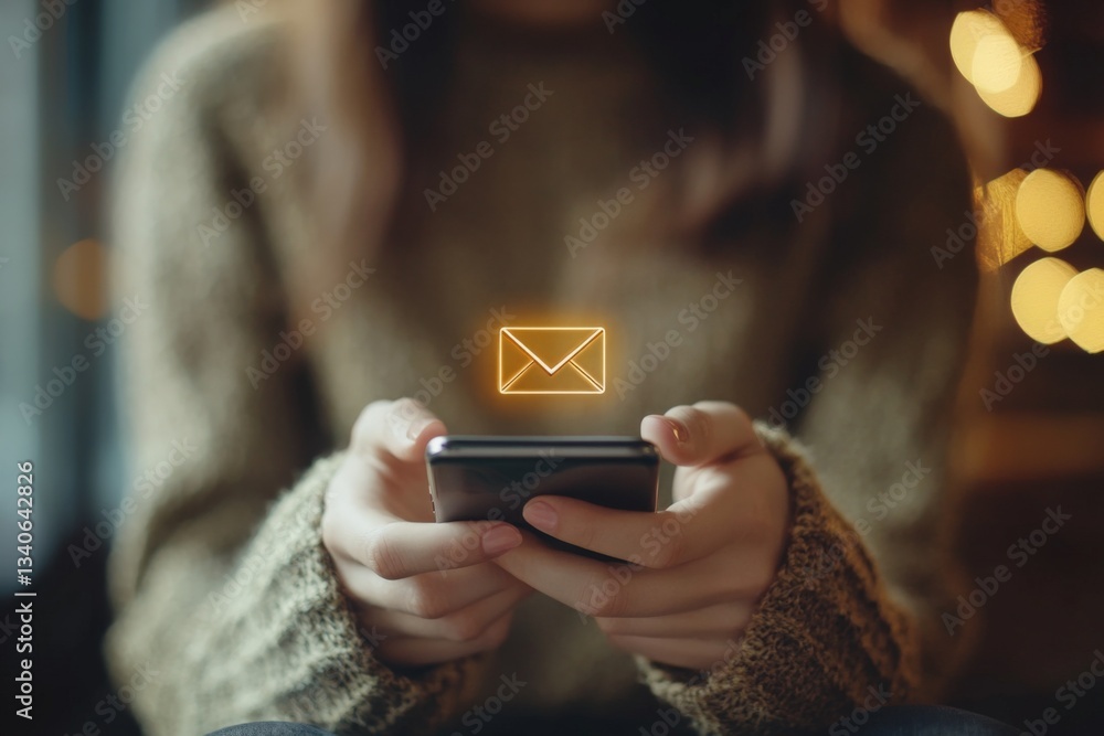 Poster engaging with messaging on a smartphone while wearing a cozy sweater in a warm, illuminated setting