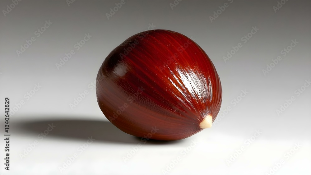 Poster a shiny, reddish-brown chestnut with a smooth surface and a pointed tip, resting on a neutral backgr