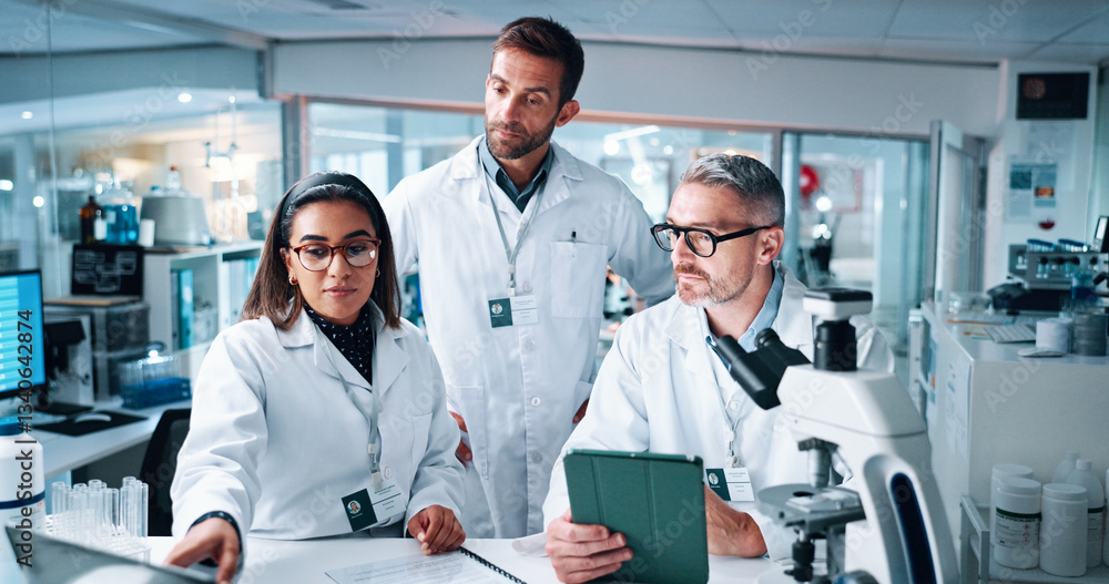 Poster pointing, science and tablet with people in laboratory together for breakthrough or development. col
