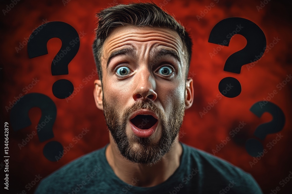 Aufkleber man with a beard and a surprised expression is looking at a wall with three black questions. the man