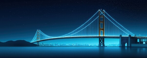 Fototapeta premium A stunning night view of a bridge illuminated by blue lights, reflecting on calm waters under a starry sky.