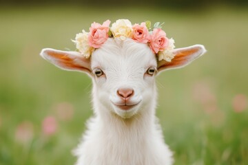 Obraz premium Young goat adorned with a floral crown smiles warmly in a green meadow on a sunny day