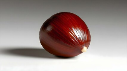 Obraz premium A shiny, reddish-brown chestnut with a smooth surface and a pointed tip, resting on a neutral background. Concept Chestnut Close-Up, Textured Detail, Nature Photography, Smooth Surface