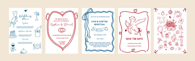 Set of line art wedding invitation card template. Coquette whimsical hand drawn frame, border, vintage decoration design. Minimal cupid, wavy border, banquet table card. Vector outline illustration
