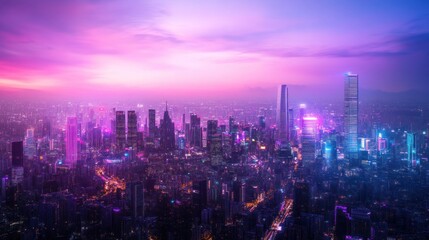 Obraz premium Vibrant Cityscape at Sunset: A Panoramic View of Modern Urban Architecture