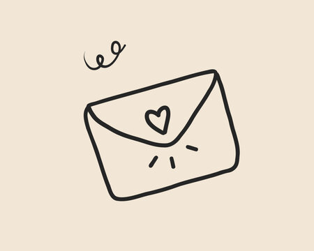 Line art whimsical love letter isolated. Valentine heart envelope for wedding card. Hand drawn coquette sketch. Vector outline illustration