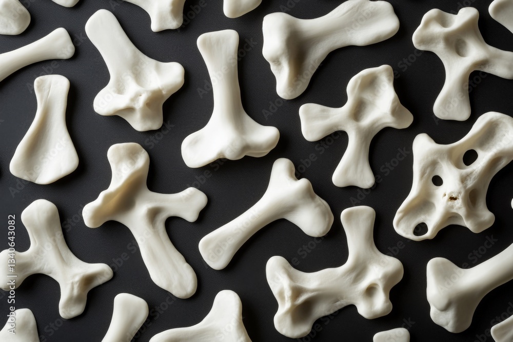 Poster Collection of assorted white bone-shaped objects arranged on a dark background in a creative pattern