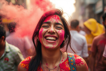 Smiling woman covered in red powder during Holi festival in a vibrant street celebration