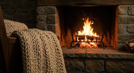 Cozy Fireplace Scene with Burning Logs and Knitted Blanket