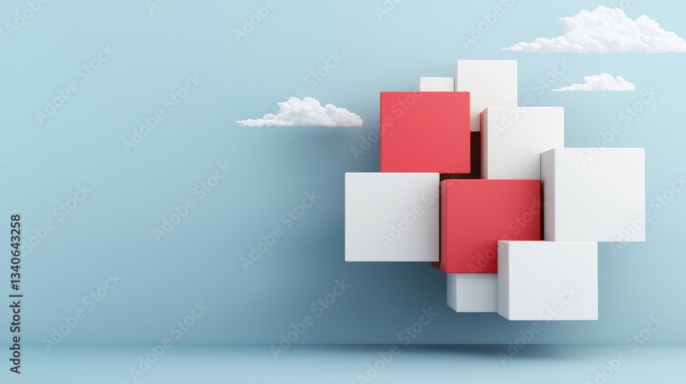 Poster a 3d arrangement of geometric shapes in red and white against a soft blue backdrop, evoking a playfu