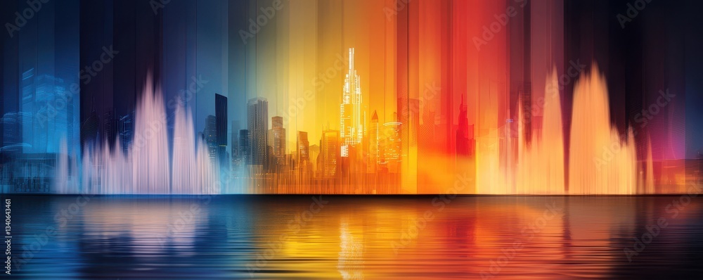 Poster a vibrant city skyline reflected in water, showcasing a spectrum of colors, creating a dynamic and a