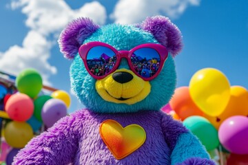 Fototapeta premium Colorful bear mascot entertains crowd at outdoor festival on bright sunny day