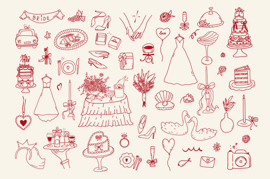 Set of line art doodle wedding icon isolated. Whimsical coquette trendy hand drawn valentine sketch. Vintage amore angel quirky bow, party menu, dinner card. Vector outline illustration