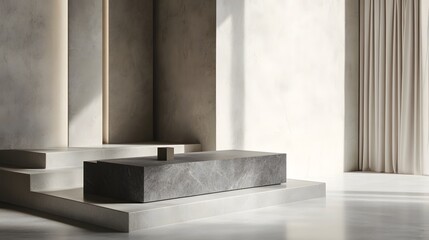 Rectangular marble platform and cube on minimalist stepped structure