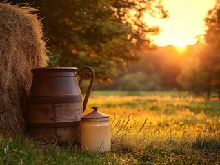 Obraz premium Rustic milk churn beside hay bale at sunset countryside scene nature photography tranquil environment warm lighting
