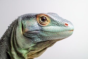 Fototapeta premium Close-up of a green and blue-scaled lizard with a detailed face on neutral background. Wildlife photography, evolution, and nature study