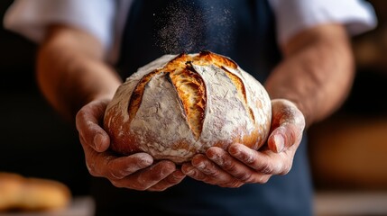 Man is holding a loaf of bread with flour on his hands. The bread is half-eaten and has a crusty exterior. The man's hands are covered in flour, and he is in the process of baking the bread