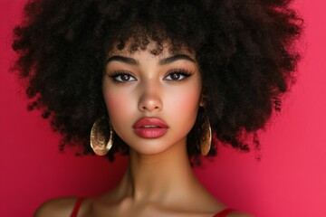 Fototapeta premium Portrait of a young woman with curly hair and bold makeup against a vibrant pink background
