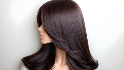 Naklejka premium A mannequin head with long, straight, brown hair styled smoothly, showcasing the hair's shine and texture. Concept Mannequin Head, Long Brown Hair, Smooth Styling, Hair Shine, Texture Showcase