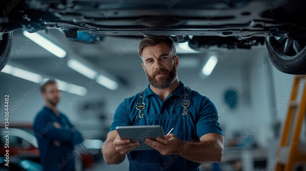 Poster man in a blue jumpsuit is holding a tablet and looking at it. he is wearing a beard and he is focuse