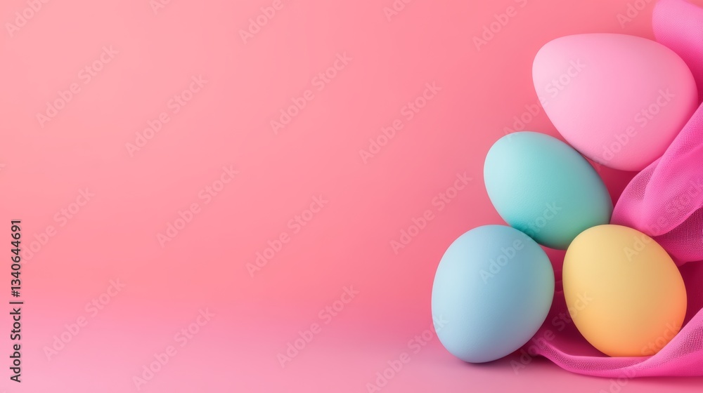 Poster pink background with four eggs of different colors on top of it. the eggs are arranged in a way that