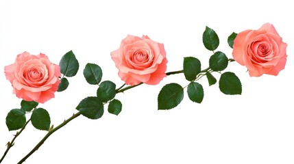 Fototapeta premium Three Peach Roses on a Branch, Isolated on White
