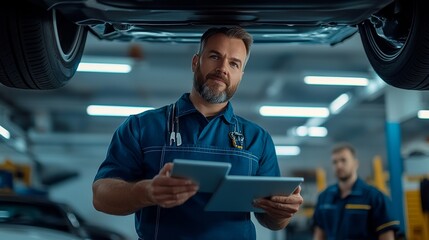 Mechanic is working on a car with a tablet in his hand. He is wearing a blue shirt and a white hat