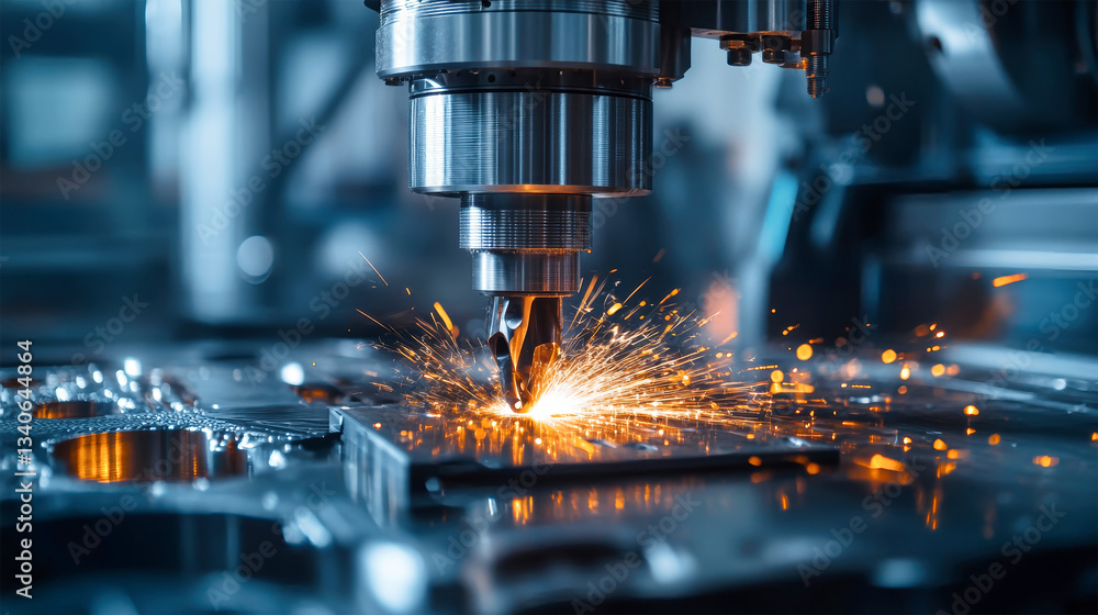Poster cnc machining sparks creativity in modern metalwork as intricate shapes emerge in the factory settin