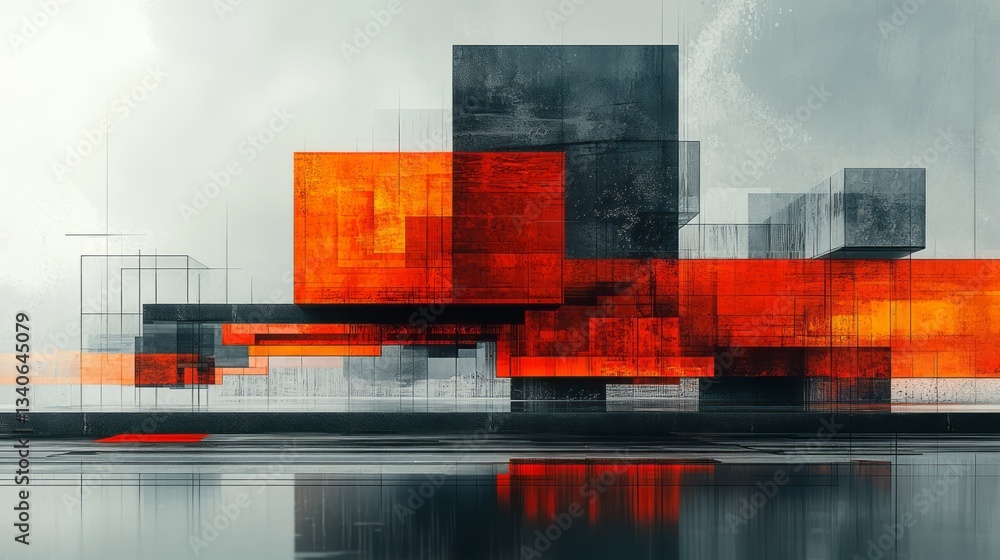 Poster abstract geometric composition with overlapping orange and gray shapes