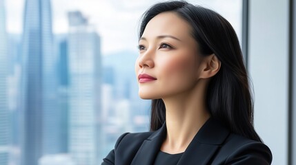 Fototapeta premium Confident businesswoman in office with city skyline. Leadership and corporate success