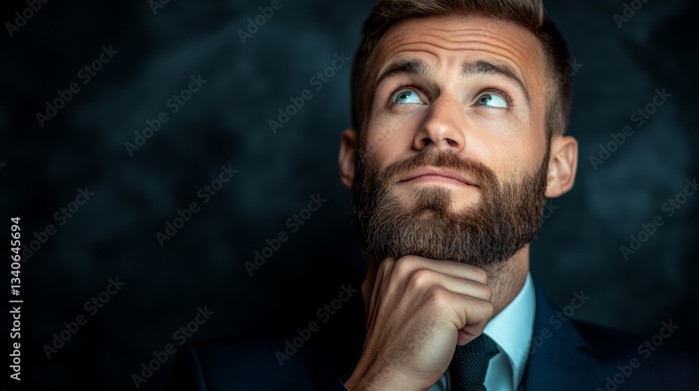 Poster man with a beard is looking up at the sky. he is wearing a suit and tie