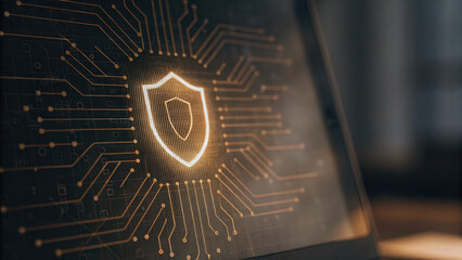 Close-up of a glowing shield icon on a digital screen, symbolizing cybersecurity and protection, with binary code and network connections in the background. Digital security and data protection