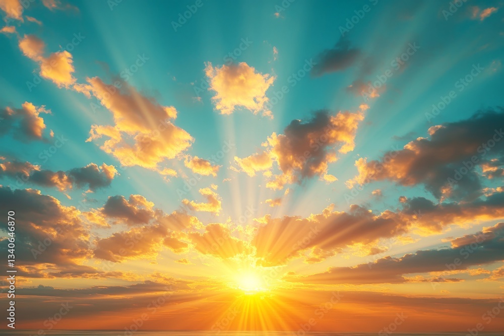 Poster sunrise over the ocean with vibrant clouds and rays casting a beautiful glow