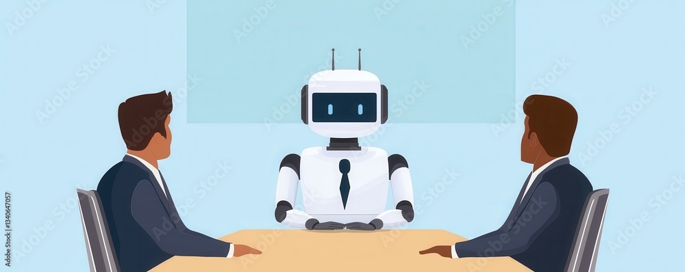 Poster Two businessmen discuss with a robot in a conference room, showcasing the integration of technology in professional settings.