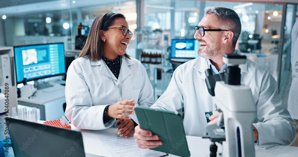 Poster laughing, science and tablet with people in laboratory together for breakthrough or development. fun