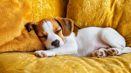 Obraz premium A beagle puppy sleeps soundly on a plush yellow couch