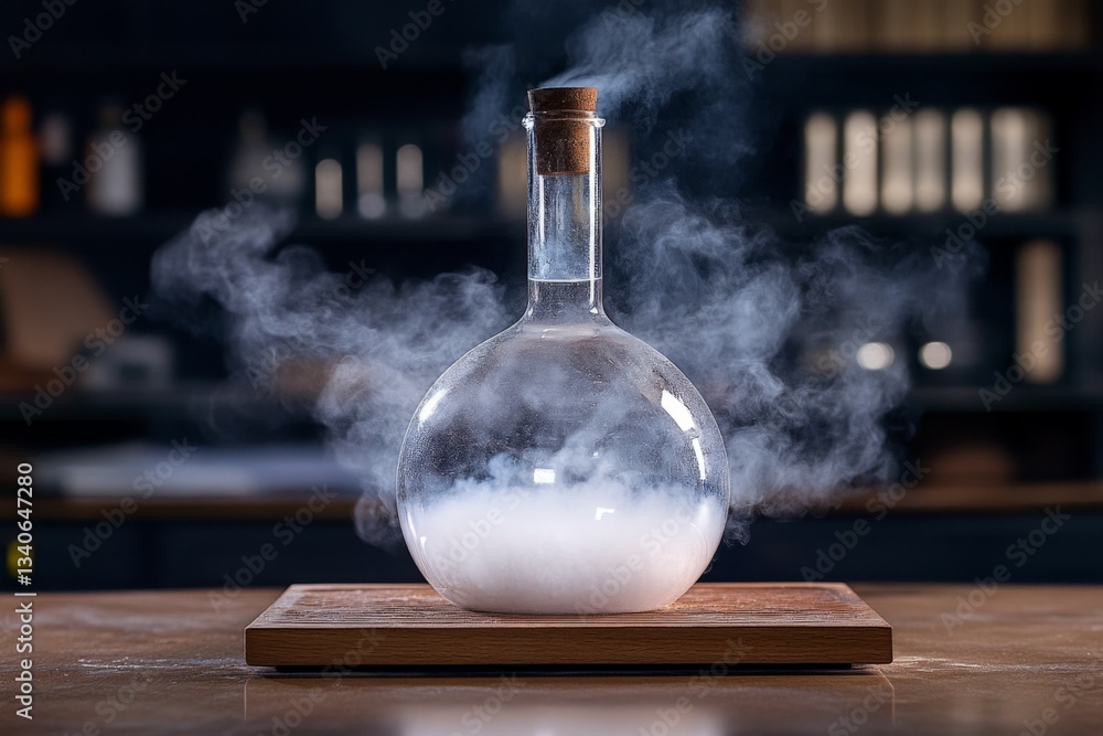 Poster Lab experiment with bubbling flask releasing vapor in a scientific setting