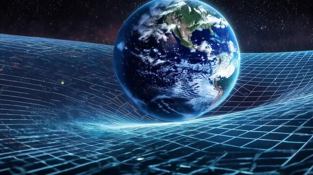 Space-time visualization: video displaying Earth at the center of curved space, with grid lines illustrating gravity effect, glowing patterns emphasizing space distortion.