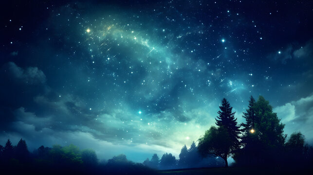 Enchanting night sky filled with stars and silhouetted trees illustrating the beauty of intergalactic distances in nature.