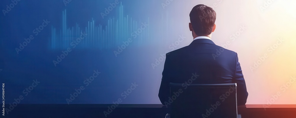 Fototapete A man in a suit sits in front of a computer screen displaying data and graphs, symbolizing business analytics and decision-making.