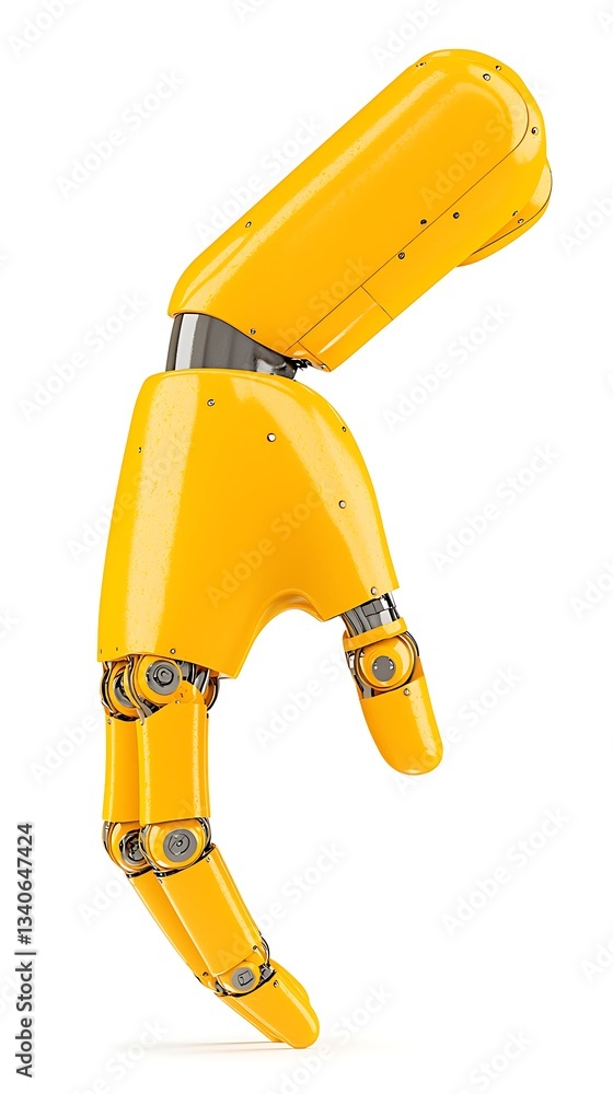 Poster a stylized yellow robotic hand showcasing intricate mechanical joints and a modern design, symbolizi