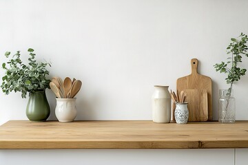Rustic Kitchen Countertop Still Life Wooden Utensils, Pottery, and Greenery