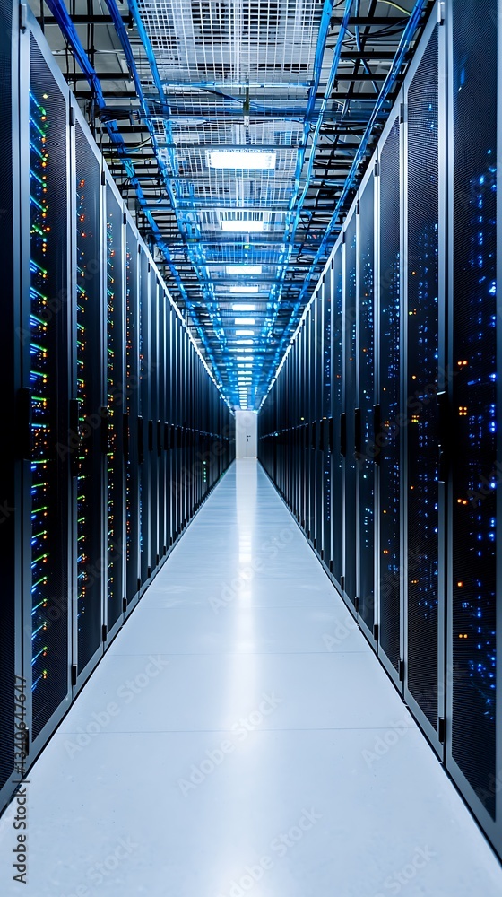 Poster a modern data center corridor featuring rows of servers illuminated by blue lights, creating a sleek