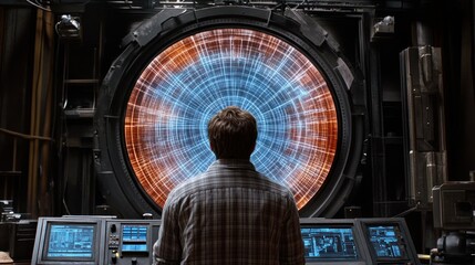 Man stares at futuristic portal.  Large, circular, glowing, technology,  display.  Control panel