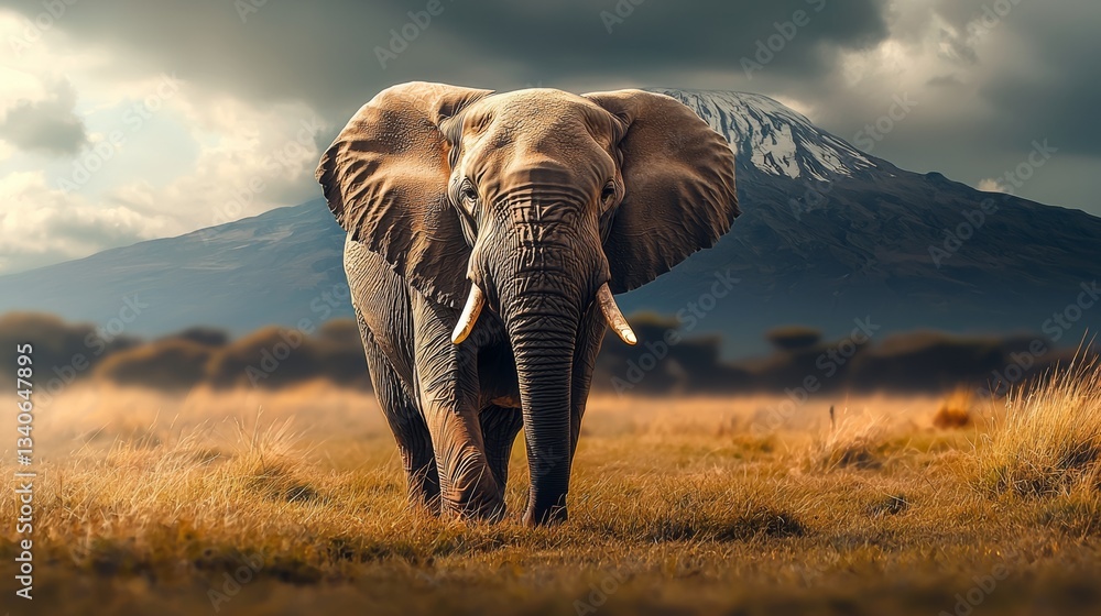 Poster large elephant is walking through a field with a mountain in the background. the elephant is the mai