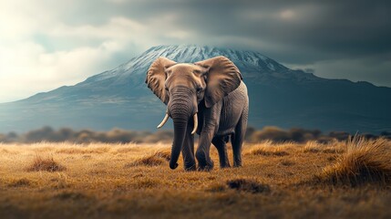 Fototapeta premium Large elephant is walking across a field with a mountain in the background. The scene is peaceful and serene, with the elephant being the main focus of the image