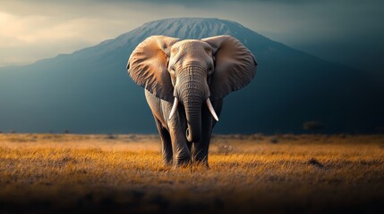 Obraz premium Large elephant stands in a field of tall grass. The elephant is the main focus of the image, and it is looking towards the camera. Concept of awe and wonder, as the majestic animal stands tall